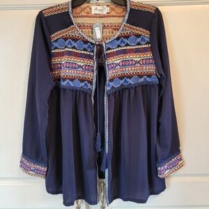 Arianna By Howards Navy Blue Southwestern Embroidery Print Cardigan Blouse